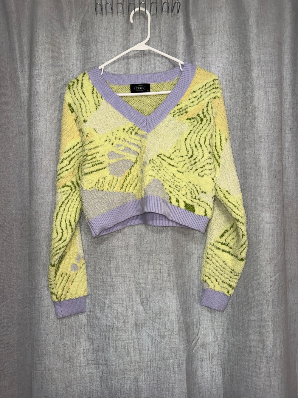 Cider V-Neck Knitted Crop Sweater Abstract Topo Pattern Lime Purple